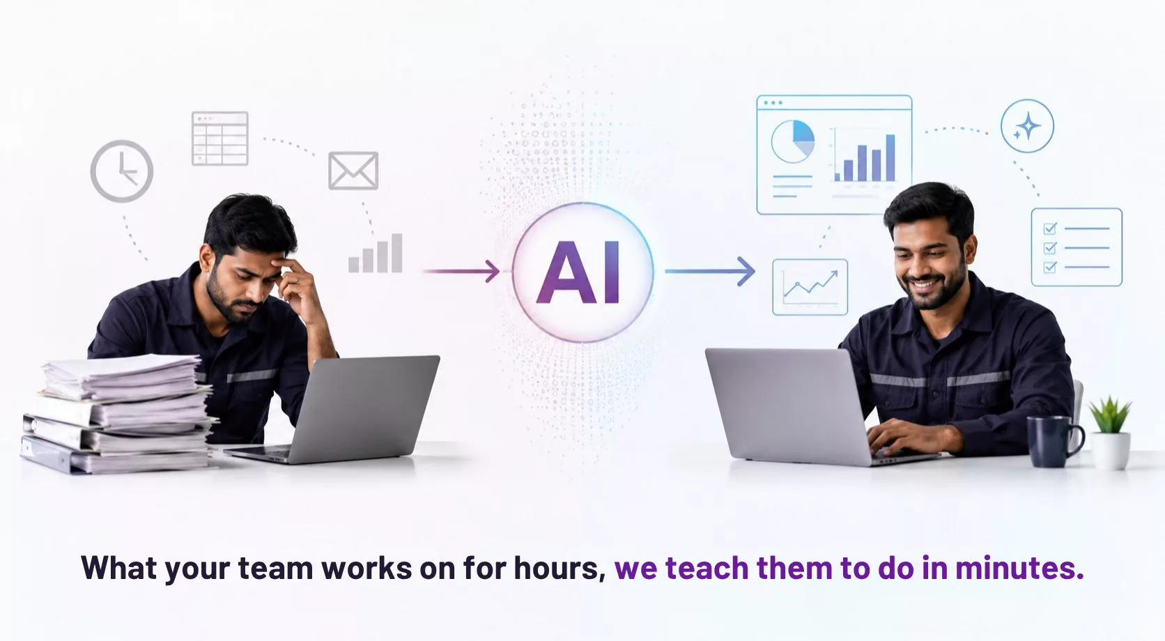 CEO presenting AI productivity training outcomes to a board, highlighting faster reporting, dashboard creation, data analysis, and business productivity gains.